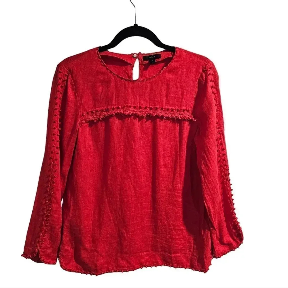 J.Crew Red 100% Linen‎ Embroidery French Knot Fridge Blouse Size 4